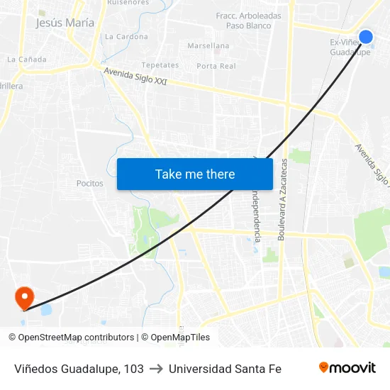 Viñedos Guadalupe, 103 to Universidad Santa Fe map
