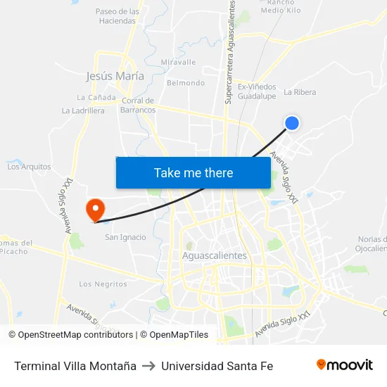 Terminal Villa Montaña to Universidad Santa Fe map