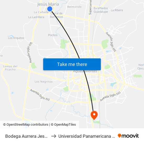 Bodega Aurrera Jesús María to Universidad Panamericana Bonaterra map