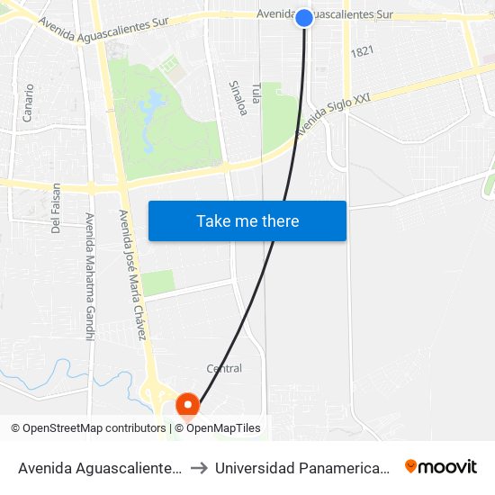 Avenida Aguascalientes Sur, 1065 to Universidad Panamericana Bonaterra map
