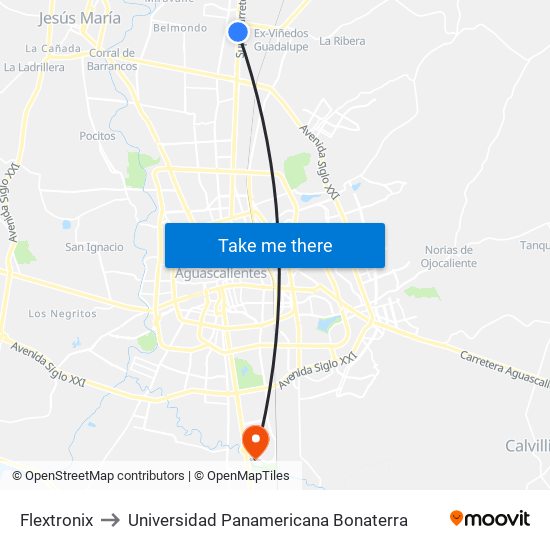 Flextronix to Universidad Panamericana Bonaterra map