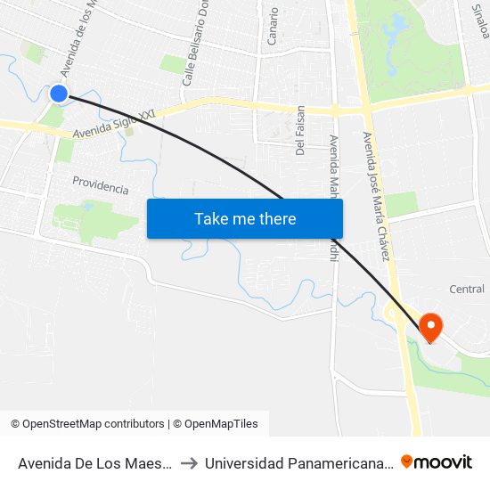 Avenida De Los Maestros, 308 to Universidad Panamericana Bonaterra map