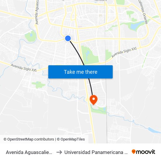 Avenida Aguascalientes Sur to Universidad Panamericana Bonaterra map