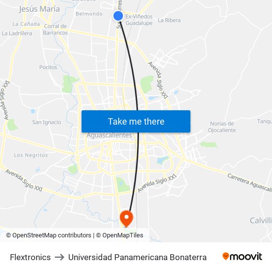 Flextronics to Universidad Panamericana Bonaterra map