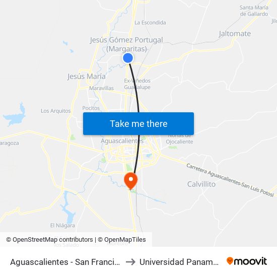 Aguascalientes - San Francisco De Los Romo, 953 to Universidad Panamericana Bonaterra map