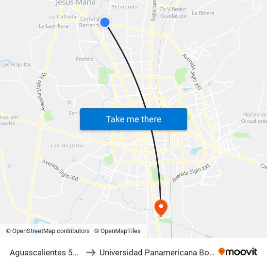 Aguascalientes 53, 220 to Universidad Panamericana Bonaterra map