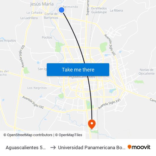 Aguascalientes 53, 337 to Universidad Panamericana Bonaterra map