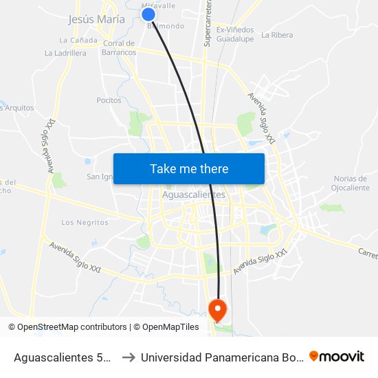 Aguascalientes 53, 803 to Universidad Panamericana Bonaterra map