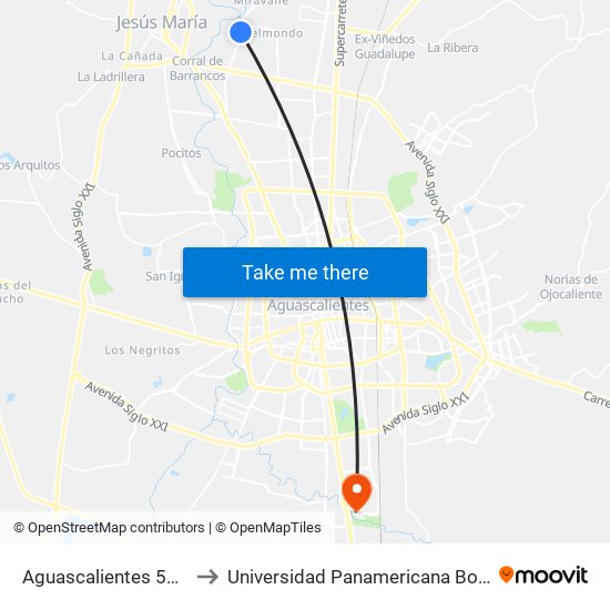 Aguascalientes 53, 803 to Universidad Panamericana Bonaterra map