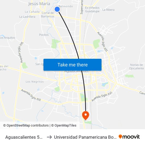 Aguascalientes 53, 337 to Universidad Panamericana Bonaterra map