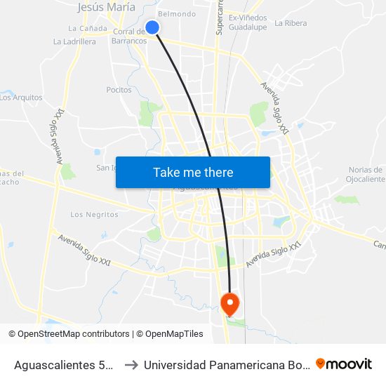 Aguascalientes 53, 362 to Universidad Panamericana Bonaterra map