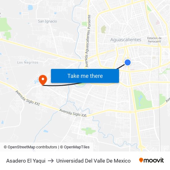 Asadero El Yaqui to Universidad Del Valle De Mexico map