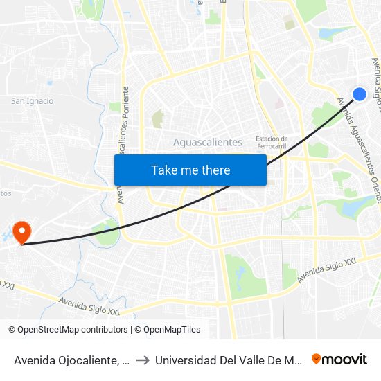 Avenida Ojocaliente, 301 to Universidad Del Valle De Mexico map