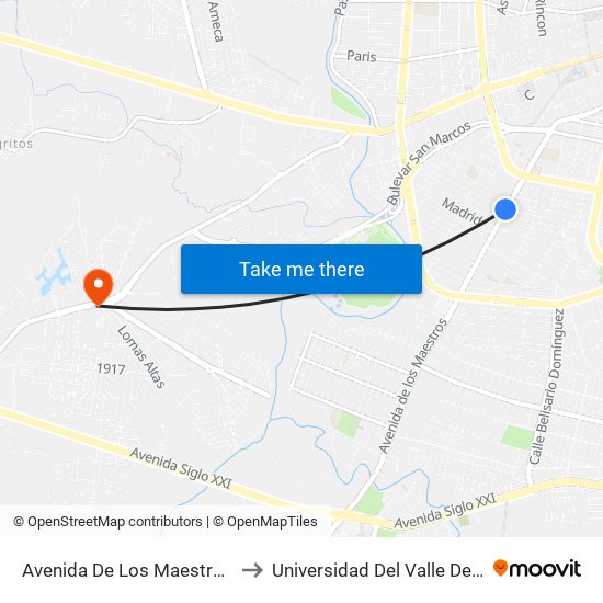 Avenida De Los Maestros, 1109 to Universidad Del Valle De Mexico map