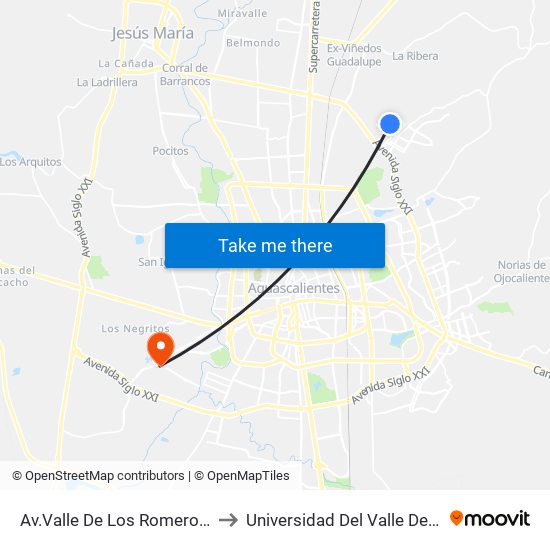 Av.Valle De Los Romeros, 1126 to Universidad Del Valle De Mexico map