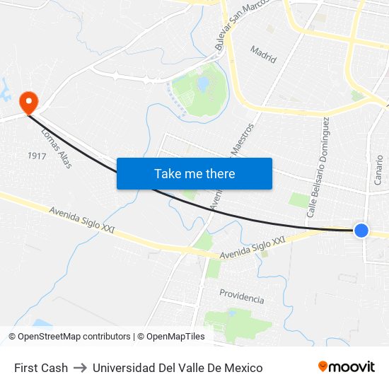 First Cash to Universidad Del Valle De Mexico map