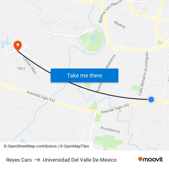 Reyes Cars to Universidad Del Valle De Mexico map