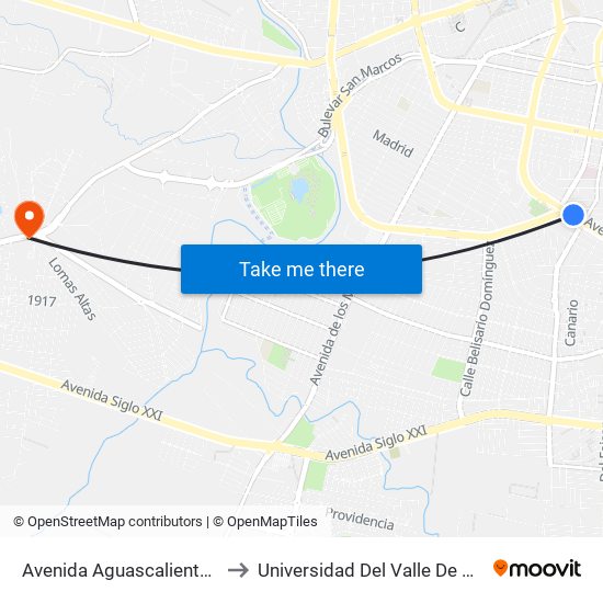 Avenida Aguascalientes Sur to Universidad Del Valle De Mexico map