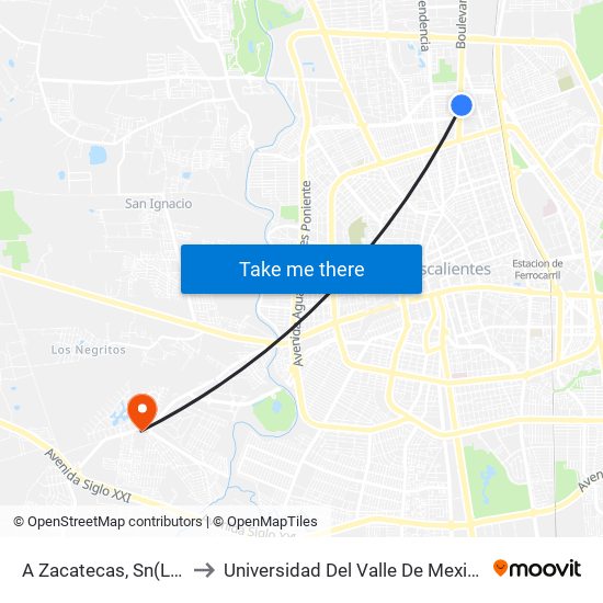 A Zacatecas, Sn(Lb) to Universidad Del Valle De Mexico map