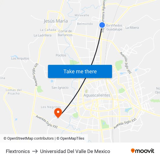 Flextronics to Universidad Del Valle De Mexico map
