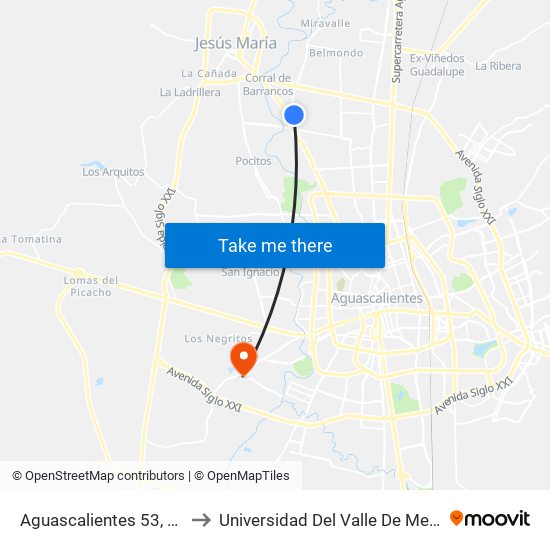 Aguascalientes 53, 106 to Universidad Del Valle De Mexico map