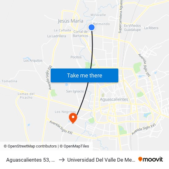 Aguascalientes 53, 337 to Universidad Del Valle De Mexico map