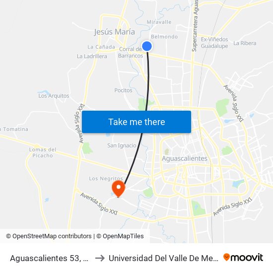 Aguascalientes 53, 362 to Universidad Del Valle De Mexico map