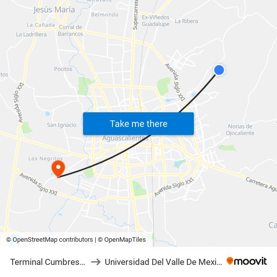 Terminal Cumbres III to Universidad Del Valle De Mexico map