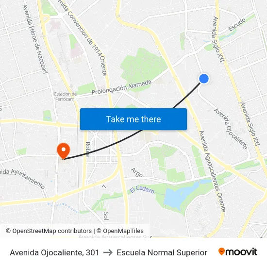 Avenida Ojocaliente, 301 to Escuela Normal Superior map