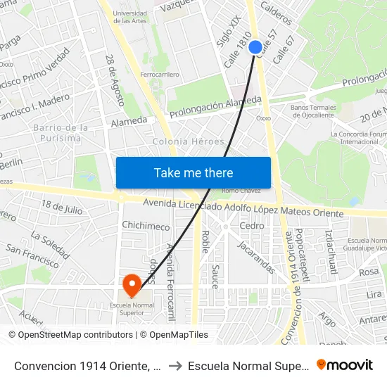 Convencion 1914 Oriente, 214 to Escuela Normal Superior map