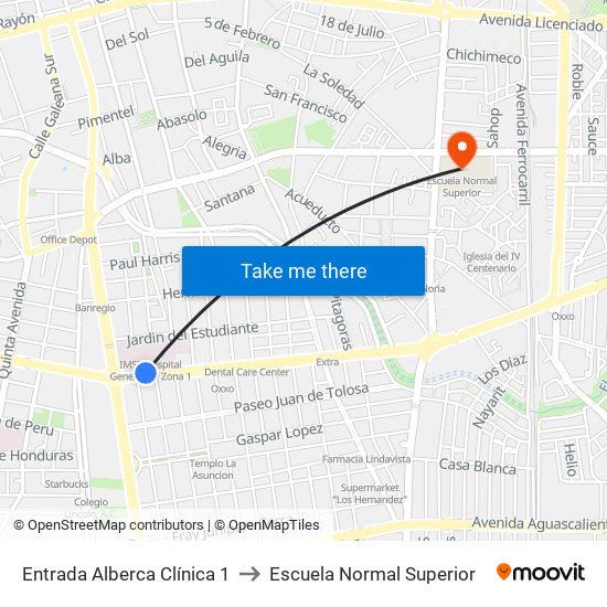 Entrada Alberca Clínica 1 to Escuela Normal Superior map