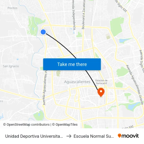 Unidad Deportiva Universitaria Uaa to Escuela Normal Superior map