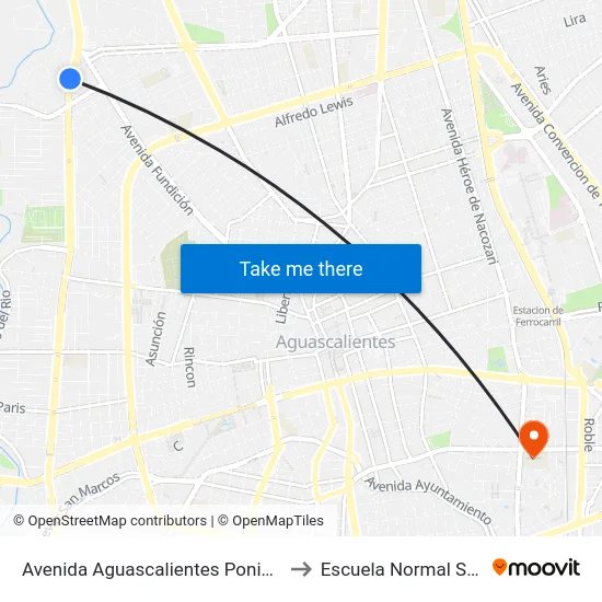 Avenida Aguascalientes Poniente, 1511 to Escuela Normal Superior map