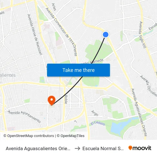 Avenida Aguascalientes Oriente, 2059 to Escuela Normal Superior map