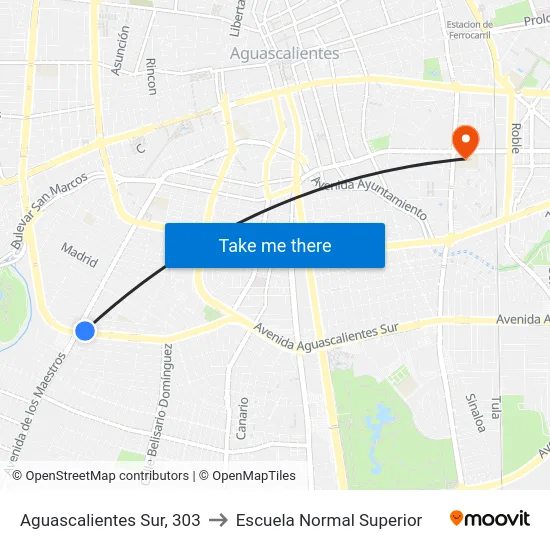Aguascalientes Sur, 303 to Escuela Normal Superior map