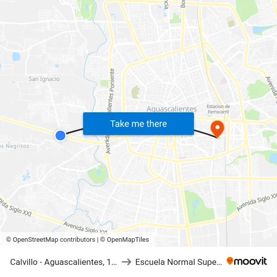 Calvillo - Aguascalientes, 1354 to Escuela Normal Superior map