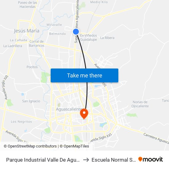 Parque Industrial Valle De Aguascalientes to Escuela Normal Superior map