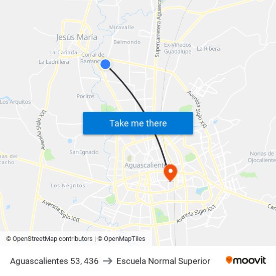 Aguascalientes 53, 436 to Escuela Normal Superior map