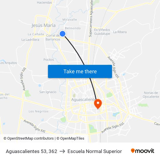 Aguascalientes 53, 362 to Escuela Normal Superior map