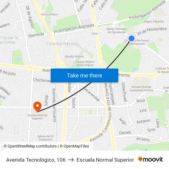 Avenida Tecnológico, 106 to Escuela Normal Superior map