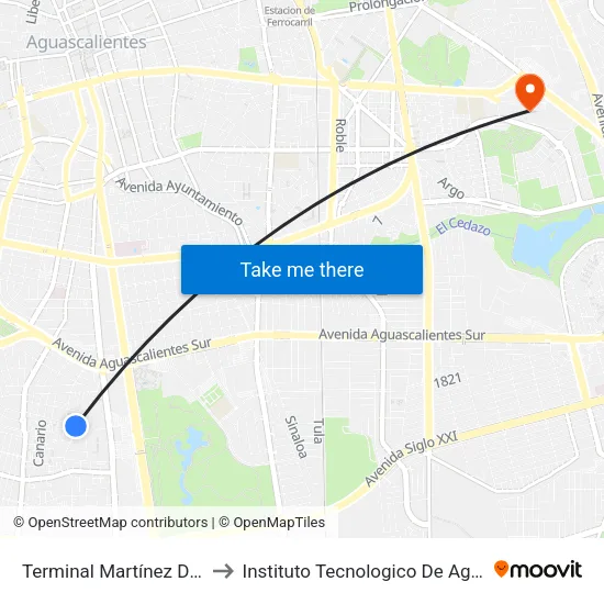 Terminal Martínez Domínguez to Instituto Tecnologico De Aguascalientes map