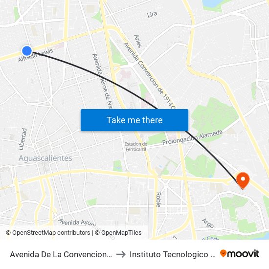 Avenida De La Convencion De 1914 Norte, 1005 to Instituto Tecnologico De Aguascalientes map