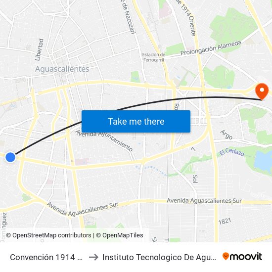 Convención 1914 Sur, 914 to Instituto Tecnologico De Aguascalientes map