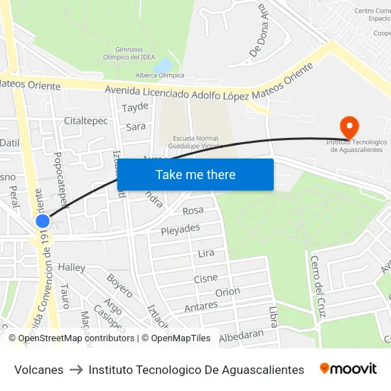 Volcanes to Instituto Tecnologico De Aguascalientes map