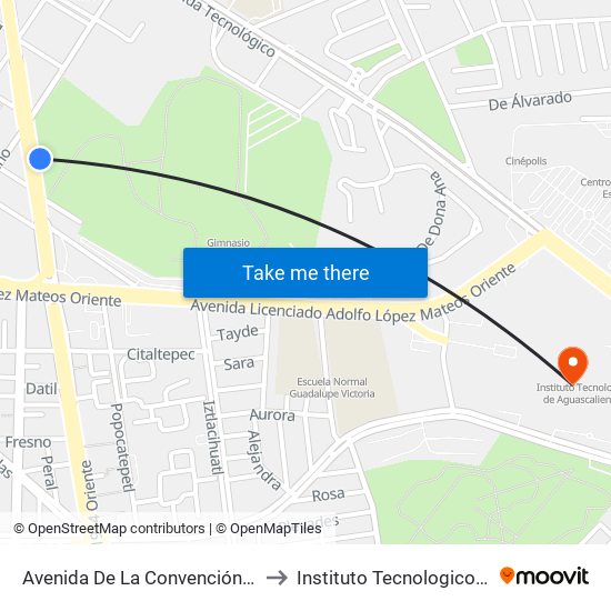 Avenida De La Convención De 1914 Oriente, 202a to Instituto Tecnologico De Aguascalientes map
