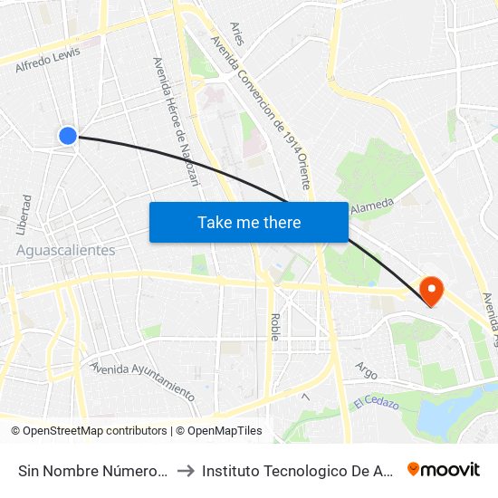 Sin Nombre Número 662, 102a to Instituto Tecnologico De Aguascalientes map