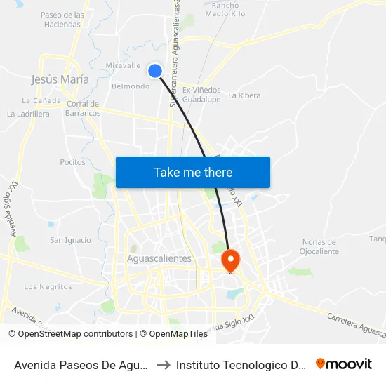 Avenida Paseos De Aguascalientes, 1102 to Instituto Tecnologico De Aguascalientes map