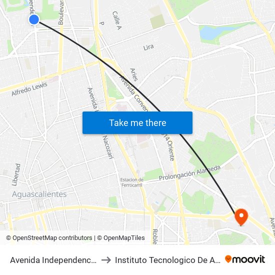 Avenida Independencia, 1506(Lb) to Instituto Tecnologico De Aguascalientes map