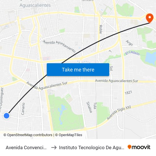 Avenida Convencion, 1805 to Instituto Tecnologico De Aguascalientes map