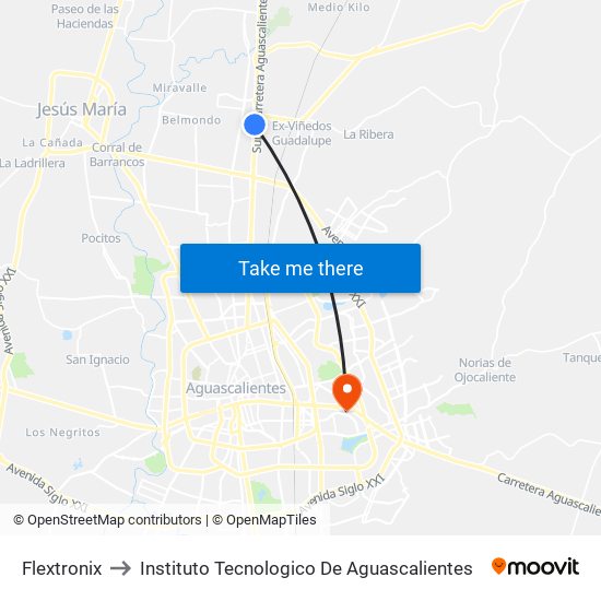 Flextronix to Instituto Tecnologico De Aguascalientes map